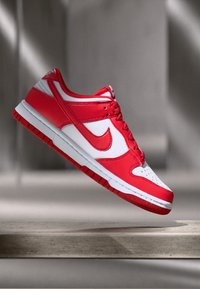 Piros és fehér kosárlabda cipő sima bőr felsőrésszel, perforált orral és gumitalppal. Jellemzője a kiemelkedő Nike pipa logó.