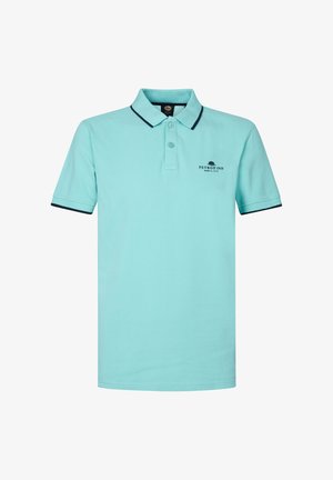 Türkiser Poloshirt aus Baumwolle mit einem spitzen Kragen, zwei Knöpfen auf der Knopfleiste und marineblauen Akzenten am Kragen und an den Ärmeln.