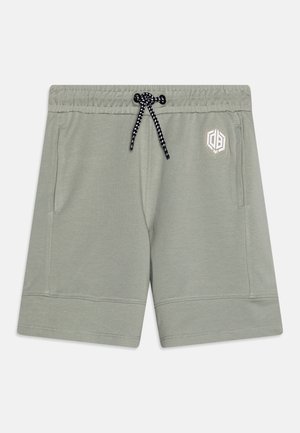 Lysegrå casual shorts med elastisk linning, sort-hvid snøre, sidelommer og lille geometrisk logo på højre ben.