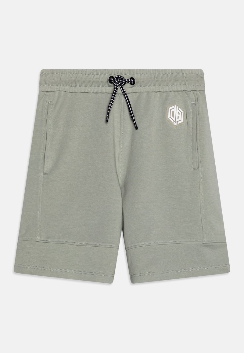 Shorts décontractés gris clair avec une taille élastique, un cordon noir et blanc, des poches latérales et un petit logo géométrique sur la jambe droite.