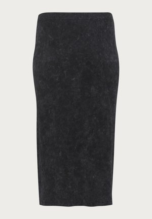 Schwarzer Bleistiftrock aus strukturiertem Stoff mit glatter Oberfläche. Verfügt über ein knielanges Design und eine enganliegende Silhouette.