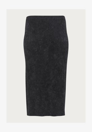 Juodas pieštukas sijonas, pagamintas iš tekstūruoto audinio su lygiu paviršiumi. Su kelių ilgio dizainu ir prigludusia siluetu.