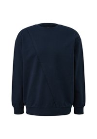 Felpa blu navy in morbido cotone, con dettagli di cuciture diagonali, polsini a coste e un classico collo a girocollo.