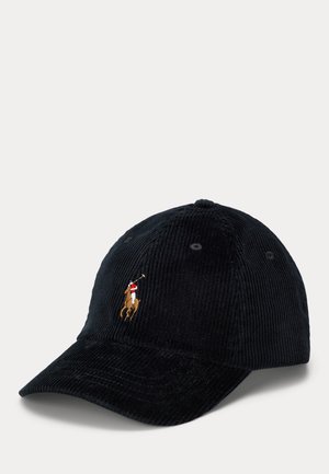 Black corduroy baseball cap with a curved brim and embroidered polo logo of a rider on a horse. Six ventilation holes on the crown.