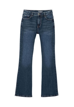 Jean évasé bleu foncé avec un design à cinq poches, texture décolorée et coutures contrastées. L'étiquette à l'intérieur indique "EUGÈNE."