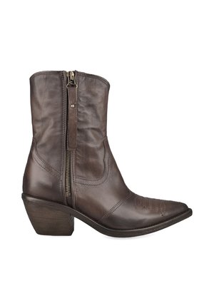 Brown leather mid-calf cowboy boot with side zipper, decorative stitching on toe, and stacked angled heel.