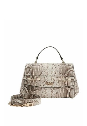 Sac à main imprimé serpent beige et marron, présentant un design structuré, une poignée supérieure, une bandoulière amovible et des accents en métal.