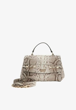 Sac à main imprimé serpent beige et marron, présentant un design structuré, une poignée supérieure, une bandoulière amovible et des accents en métal.