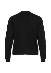 Pull noir en tricot lisse. Il possède des manches longues, un col rond et un dos simple, sans coutures.