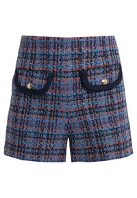 Shorts en tweed à carreaux bleus et violets taille haute avec deux poches avant à rabat bordées de marine et de boutons dorés.