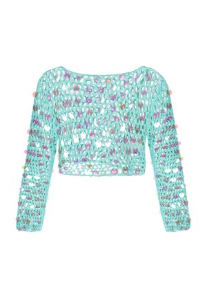 Haken top in turquoise met lange mouwen, voorzien van ronde pailletten in roze en iriserende kleuren, cropped ontwerp en open weving.