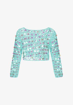 Hæklet top i turkis med lange ærmer, prydet med cirkulære paljetter i pink og iriserende farver, cropped design og åben væv.