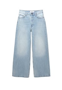 Jean large bleu clair avec braguette à boutons et design à cinq poches, présentant une texture subtilement délavée et une coupe droite de la hanche à l'ourlet.
