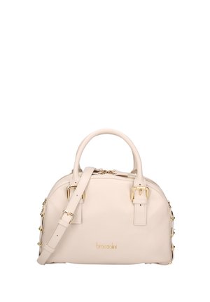 Sac à main en cuir couleur crème avec deux poignées, bandoulière réglable, boucles en métal doré, et fermeture éclair.