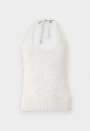 Light gray halter top made of soft fabric with a rounded neckline and a tie at the back, featuring a subtle texture.