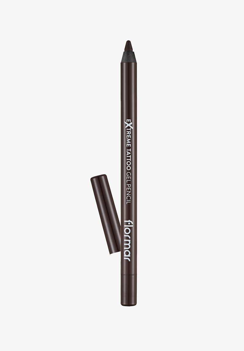 Dark brown Flormar Extreme Tattoo Gel Pencil eyeliner with cap removed, showing pointed tip.