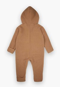 Brun fleece jumpsuit med hette, med lange ermer, mansjetter og en sømløs bakdel. Mykt, teksturert materiale.