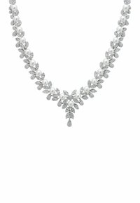 Silver necklace featuring a floral design with alternating pearls and small sparkling stones. A teardrop pendant hangs at the center.