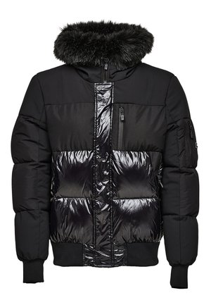 Black puffer jacket featuring a glossy finish, fur-lined hood, and zippered pockets. Ribbed cuffs and hem add structure to the design.