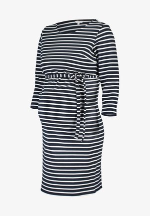 Striped maternity dress in navy and white, featuring long sleeves, a V-neckline, and a tie belt at the waist for adjustable fit.