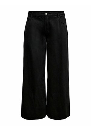 Pantalon en denim noir à jambes larges avec une texture lisse, doté d'une fermeture à boutons, de cinq poches et de détails de couture minimaux.
