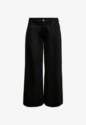 Pantalon en denim noir à jambes larges avec une texture lisse, doté d'une fermeture à boutons, de cinq poches et de détails de couture minimaux.