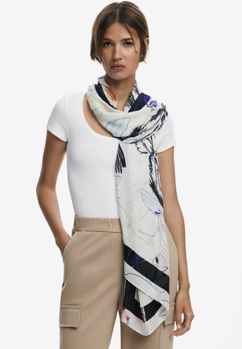 Sciarpa Desigual Donna Tucano Patchwork - Modello Foul_Patchwork Tucan, Colore Bianco Tiza 1010, Taglia Unica