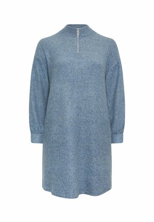 Abito in lana blu con colletto alto e chiusura a mezza zip. Maniche lunghe con polsini arricciati, texture morbida e vestibilità rilassata.