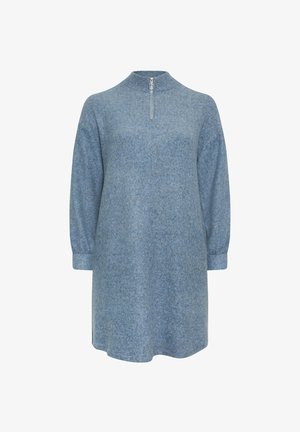 Blauwe wollen jurk met hoge kraag en een halve rits. Lange mouwen met vrolijke manchetten, zachte textuur en een ontspannen pasvorm.