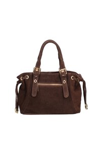 Sac à main en daim marron avec deux poignées supérieures, quincaillerie dorée et une poche extérieure zippée. Comprend des liens latéraux pour ajuster la forme.