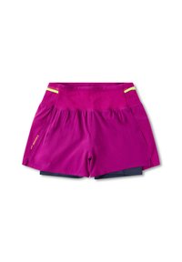 Purple athletic shorts with a mesh texture, featuring a wide waistband, side pockets, and a contrasting navy liner. Yellow accents included.