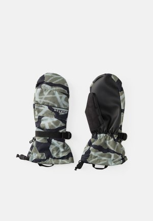 Mănuși de camuflaj în verde și negru, cu un design elegant, palmă texturată, manșete elastice și curele ajustabile pentru o potrivire sigură.