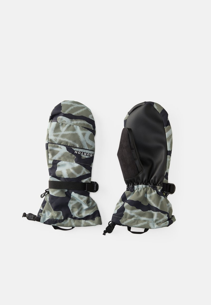 Mănuși de camuflaj în verde și negru, cu un design elegant, palmă texturată, manșete elastice și curele ajustabile pentru o potrivire sigură.