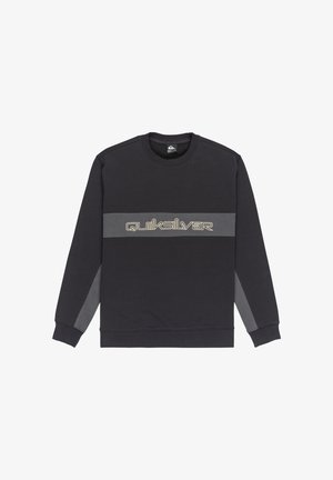 Black sweatshirt with a round neck, featuring a gray band and "Quiksilver" logo in gold. Made from soft fabric with ribbed cuffs.