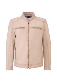 Lys beige læderjakke med høj krave, lynlås foran, to brystlommer med lynlås og to sidelommer med lynlås, præsenteret på hvid baggrund.