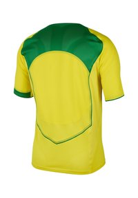 Maglietta sportiva a maniche corte di colore giallo brillante con pannello posteriore in rete verde. Presenta un collo arrotondato e dettagli verdi a contrasto sui bordi.