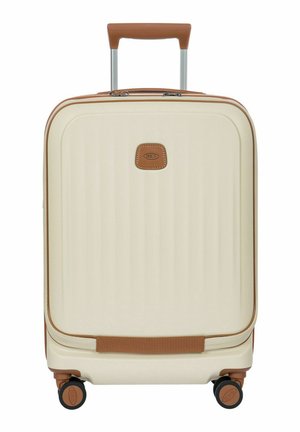 Cream-colored hard-shell suitcase with brown trim, four black wheels, and a telescopic handle extended.