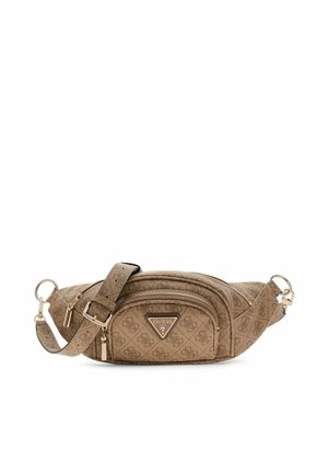 Sac banane marron Guess avec sangle réglable, compartiments principal et avant zippés, et motif logo sur tout le tissu.