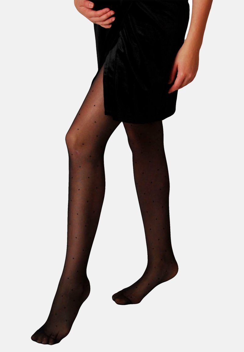 Collant neri trasparenti con un motivo a pois, caratterizzati da una consistenza liscia e un design aderente, che si estendono fino alla caviglia.