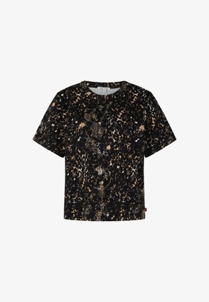 Zwart T-shirt met korte mouwen met een mix van dierenpatronen in beige en wit. Zacht materiaal met een ronde hals en een ontspannen pasvorm.