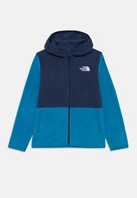 Fleece'owa kurtka z granatowym kapturem i górną częścią, turkusowymi rękawami i dolną częścią, z zamkiem z przodu oraz logo The North Face na piersi.