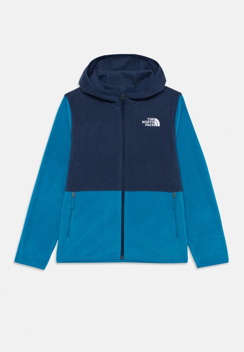 Fleece jacket with navy blue hood and upper body, teal sleeves and lower body, front zipper, and The North Face logo on chest.