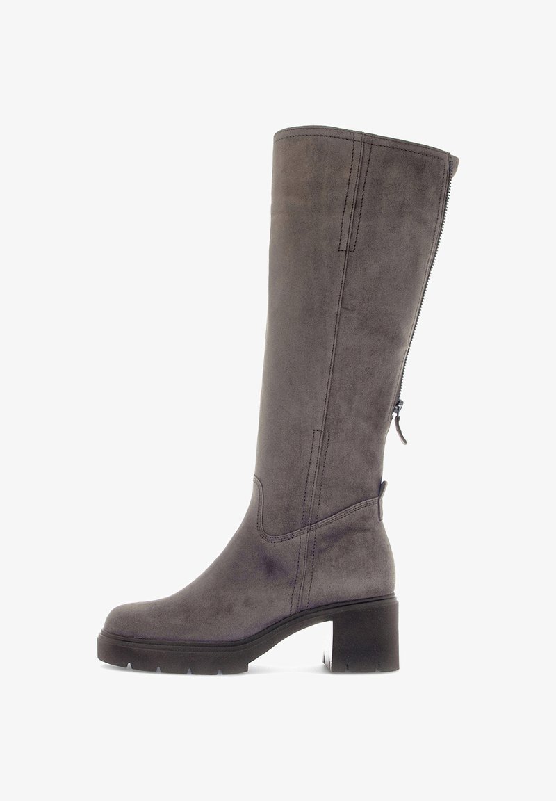 Knee-high gray suede boot with a block heel, featuring a side zipper and minimal stitching details. Smooth texture with a sleek silhouette.