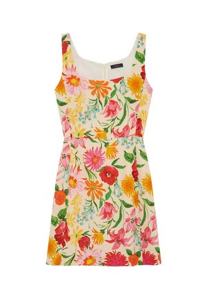 Mouwloze jurk met vierkante halslijn, getailleerde taille en multicolor bloemenprint op een lichte crèmekleurige achtergrond.
