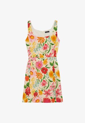 Ärmelloses Kleid mit quadratischem Ausschnitt, tailliertem Schnitt und mehrfarbigem Blumenmuster auf hellem Cremehintergrund.