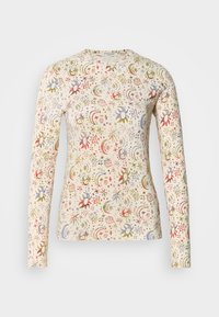 Μακρυμάνικο πουκάμισο από ελαφρύ μπεζ βαμβάκι, με πολύχρωμο ουράνιο μοτίβο από αστέρια, φεγγάρια και φυτικά σχέδια. Λείος υφασμάτινος υφή.