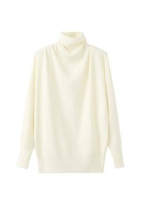 Kremowy sweter z golfem o luźnym kroju, z długimi rękawami, ściągaczami przy mankietach i dole. Miękka, gładka faktura oraz minimalistyczny design.