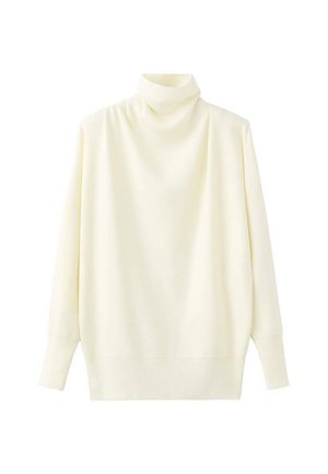 Maglione collo alto color crema con vestibilità ampia, maniche lunghe, polsini e orlo a coste. Texture morbida e liscia, design minimalista.