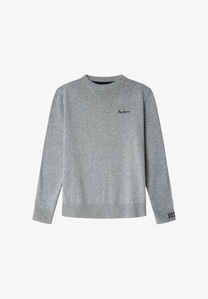 Pull gris clair à manches longues et col rond avec poignets et ourlet côtelés, petit texte noir brodé sur la poitrine et le poignet.