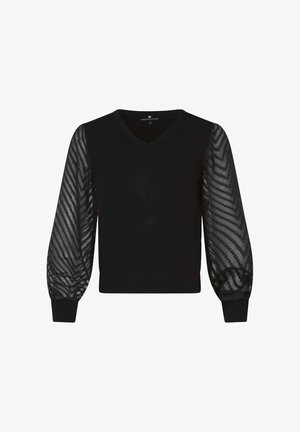 Suéter negro de cuello en V con cuerpo de punto sólido y mangas largas transparentes abullonadas con un patrón de chevron y puños ajustados.